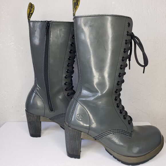 Dr Martens Dee 14 Eye Gray Patent Leather Heeled Lace-up Boots Womens 6-6.5 Diva - Picture 5 of 16